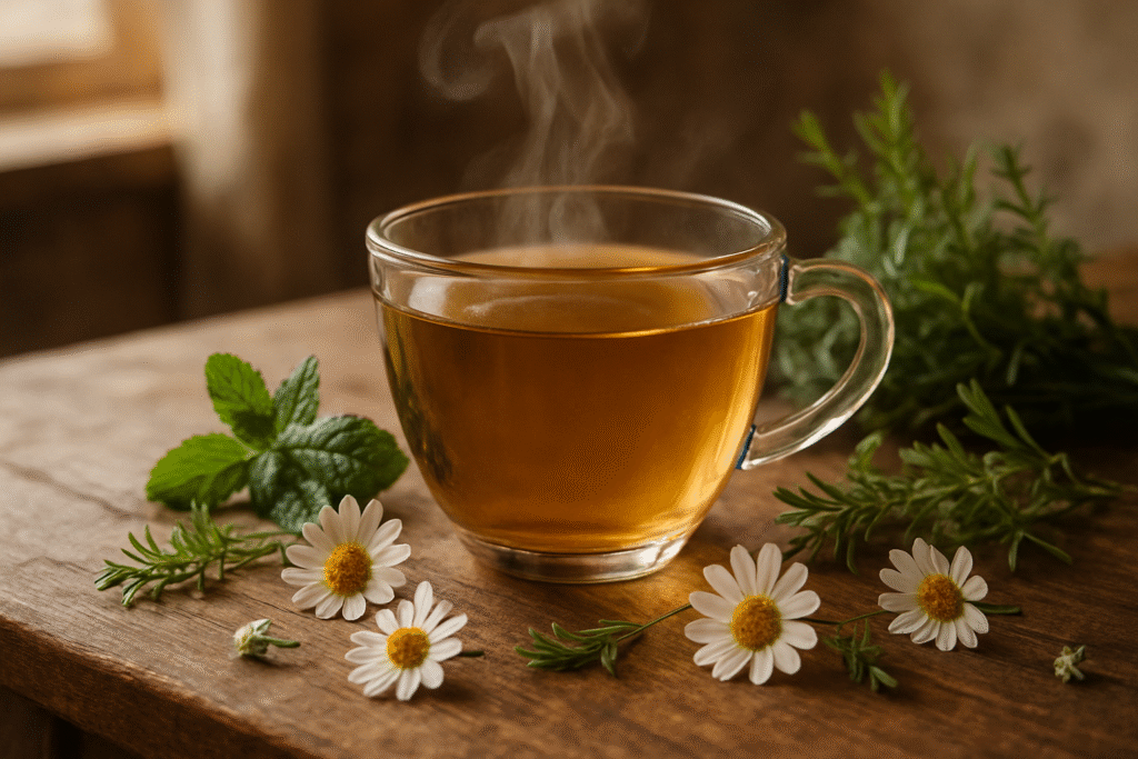 tasse de tisane fumante avec fleurs de camomille et herbes fraîches sur une table en bois, ambiance naturelle et relaxante