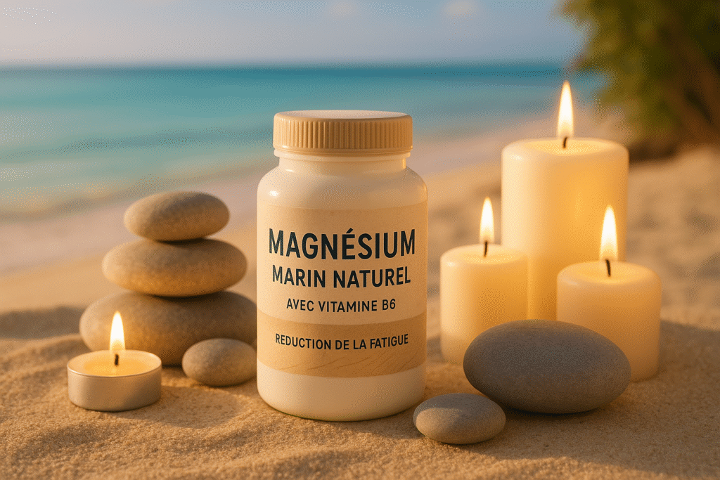 Flacon de magnesium marin naturel avec vitamine B6, entouré de bougies et galets sur fond de plage avec eau turquoise, lumière chaude relaxante pour réduire la fatigue.