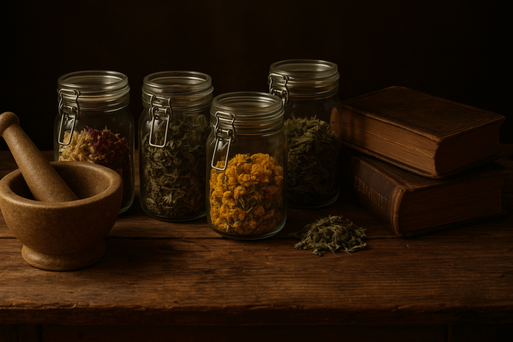 Table rustique en bois avec bocaux de plantes médicinales séchées, mortier et pilon, livres anciens d’herboristerie, lumière tamisée chaleureuse.