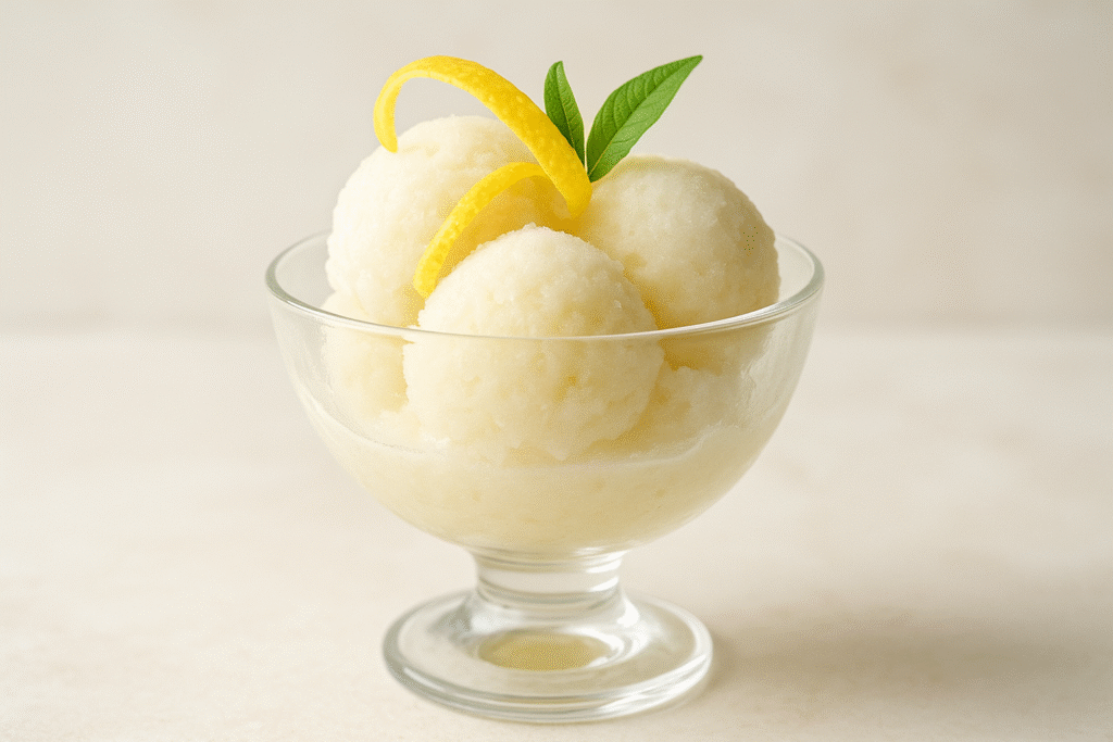 Coupe de glace à la verveine citronnée surmontée d’un zeste de citron et d’une petite feuille de verveine. Verveine bienfaits.