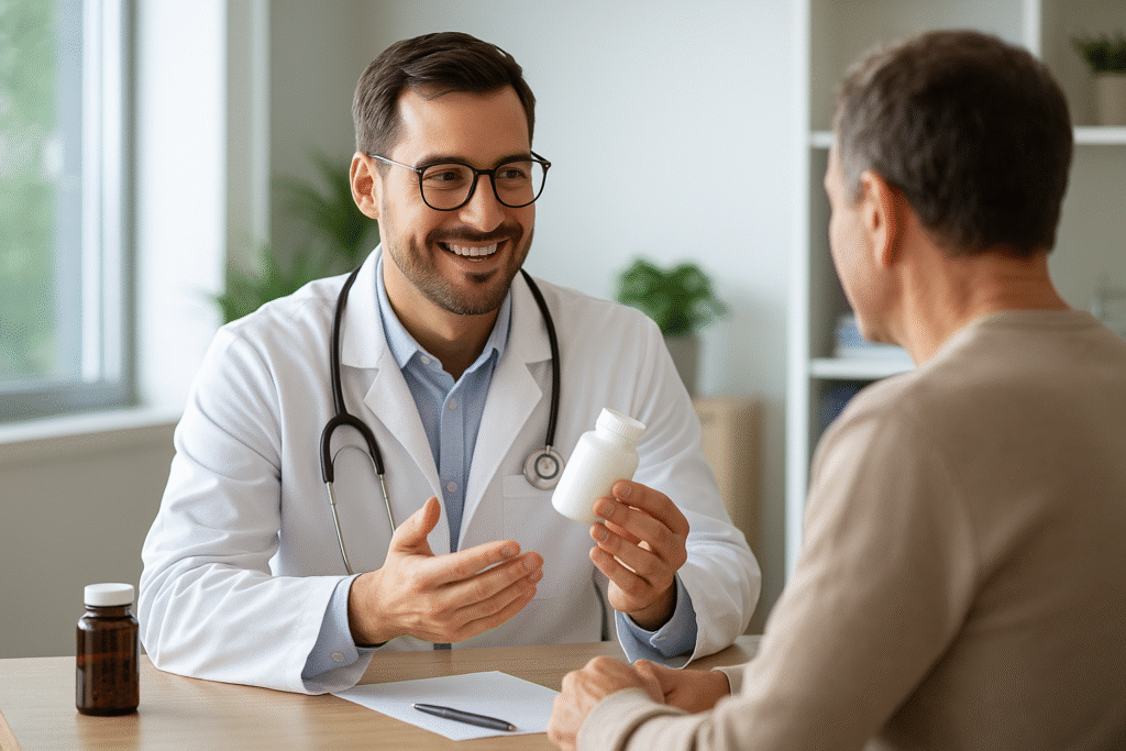 Image réaliste d’un médecin souriant expliquant des compléments alimentaires à un patient dans un cabinet moderne, lumière naturelle, ambiance rassurante. complément alimentaire pour baisser le cortisol.