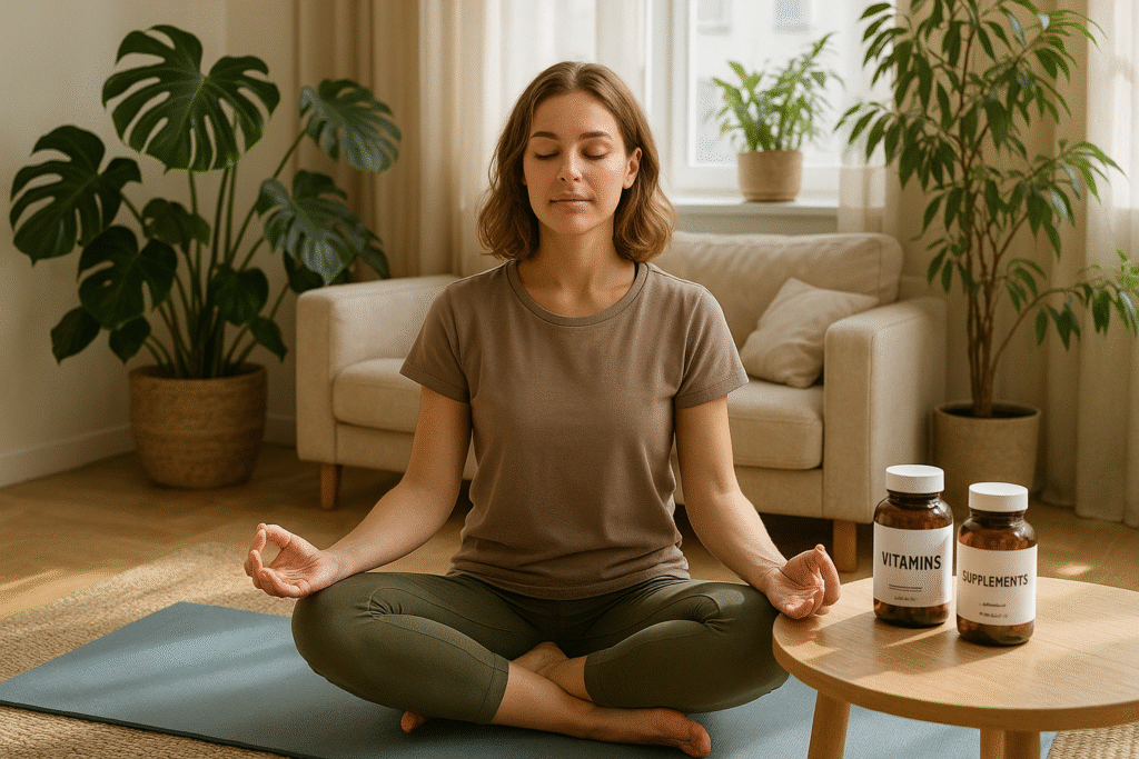 Personne en méditation dans un salon lumineux avec plantes et compléments alimentaires. complément alimentaire pour baisser le cortisol