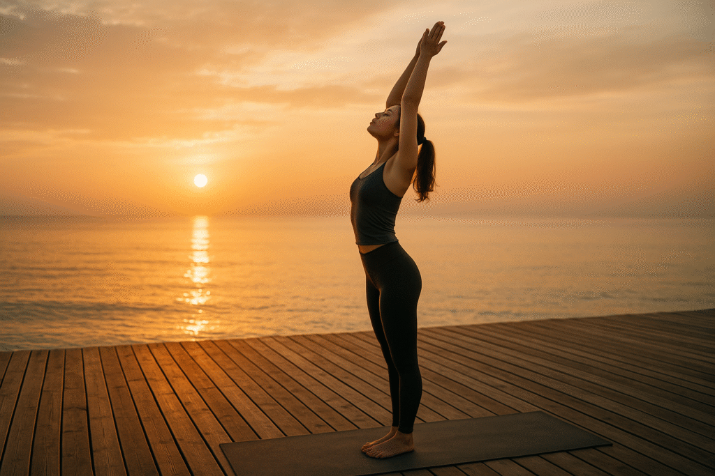Femme réalisant la Salutation au Soleil de l’Ashtanga Yoga sur une terrasse face à l’océan au lever du soleil.