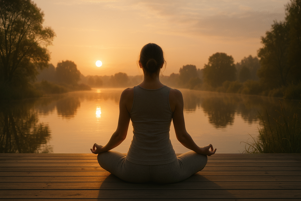 Femme méditant en lotus sur une terrasse face au soleil levant, entourée d’arbres et d’une lumière dorée apaisante. Meditation du matin.