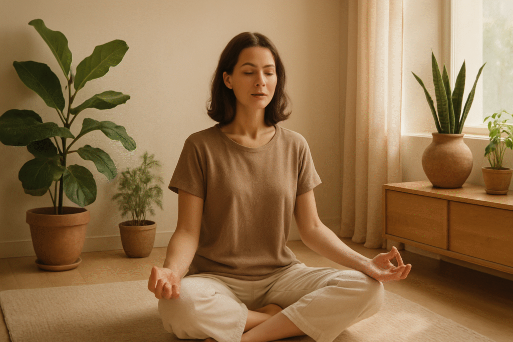Femme assise en méditation guidée dans un environnement calme et lumineux
