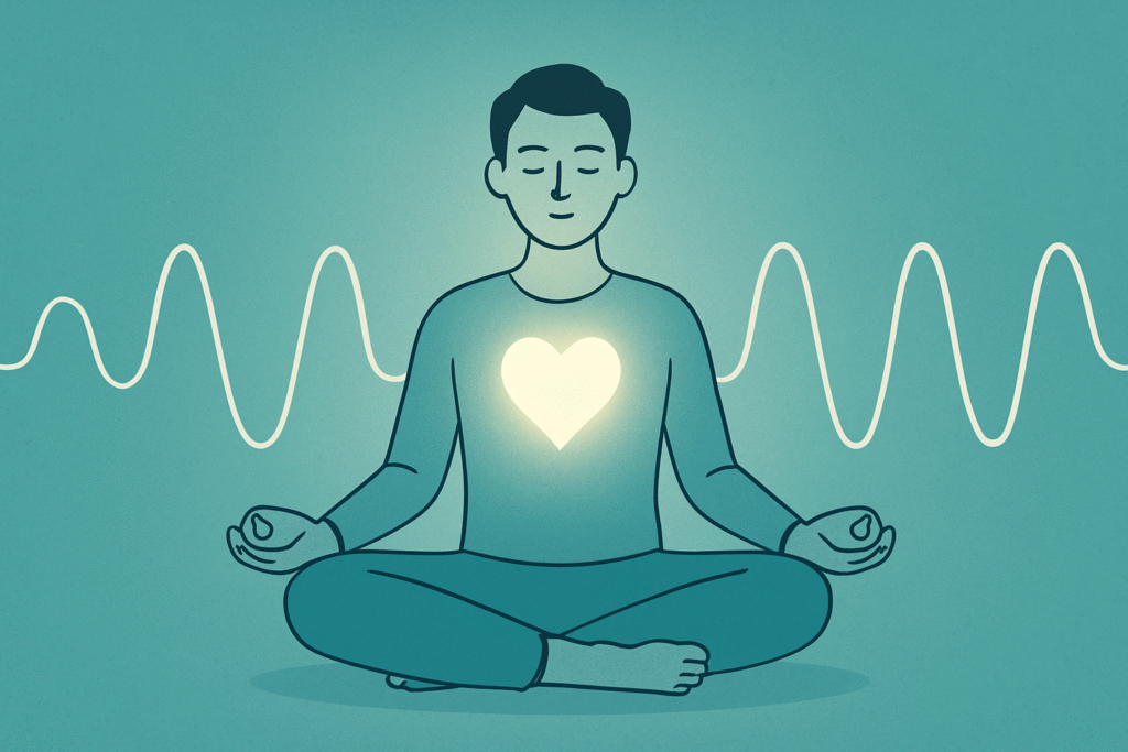 Personne en méditation respirant profondément en cohérence cardiaque avec un cœur lumineux et une vague rythmée.