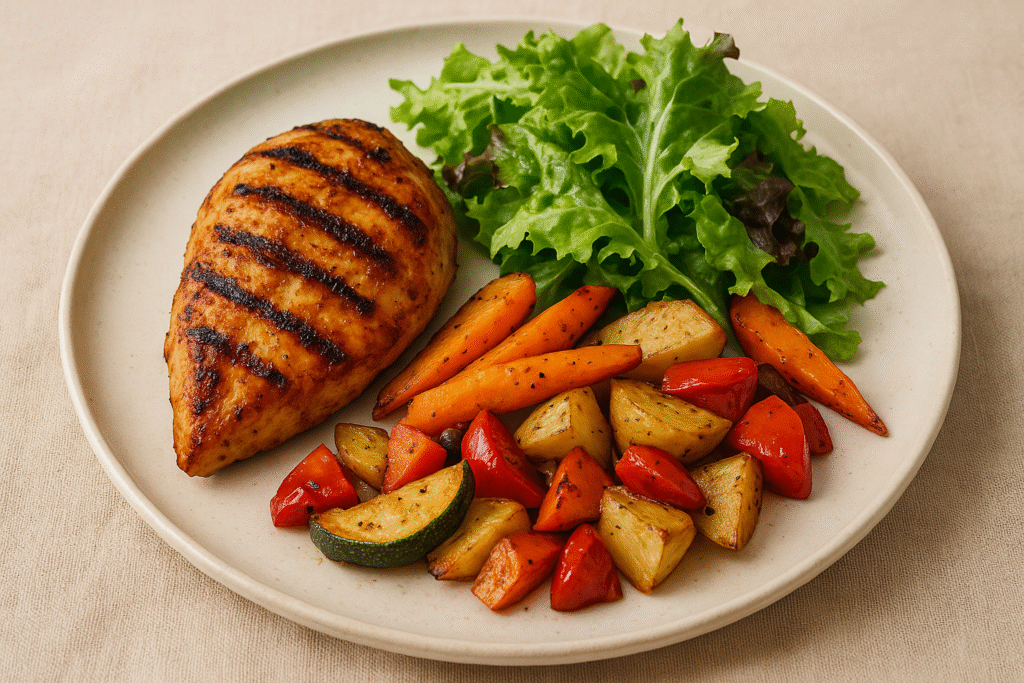 Poulet grillé, légumes rôtis, salade verte. alimentation anti inflammatoire
