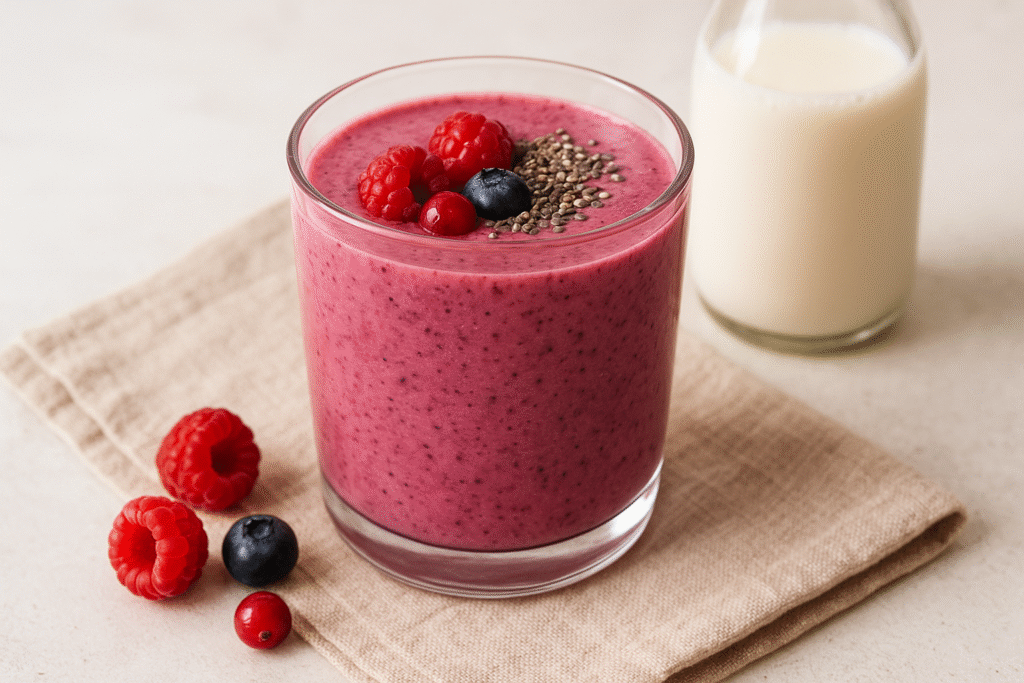 Smoothie aux fruits rouges, graines de chia et lait d’amande. alimentation anti inflammatoire 