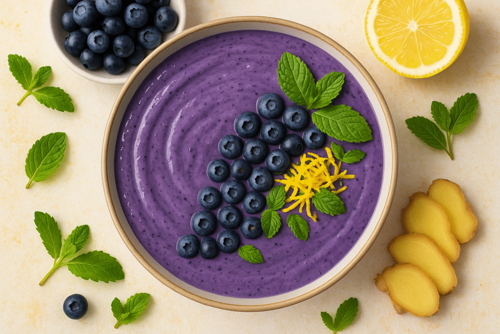 Bol de smoothie coloré aux myrtilles, zeste de citron, gingembre frais et feuilles de menthe, vu de dessus. bruleur naturel de graisse