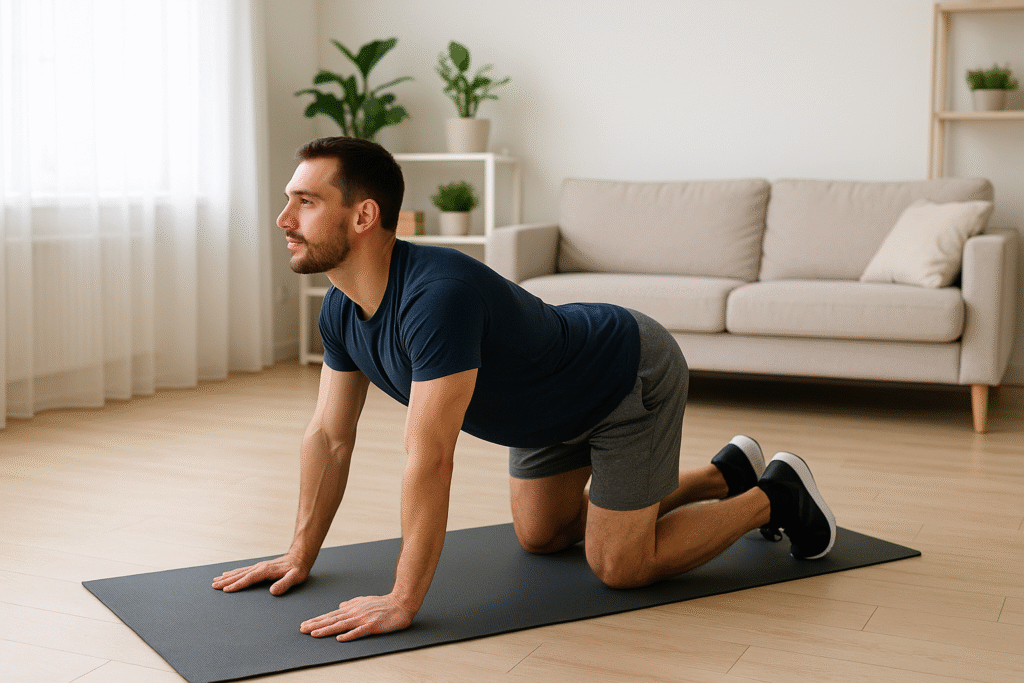 Un homme en tenue de sport effectuant la posture du chat-vache sur un tapis de yoga. 7 exercices pour dire adieu au mal de dos