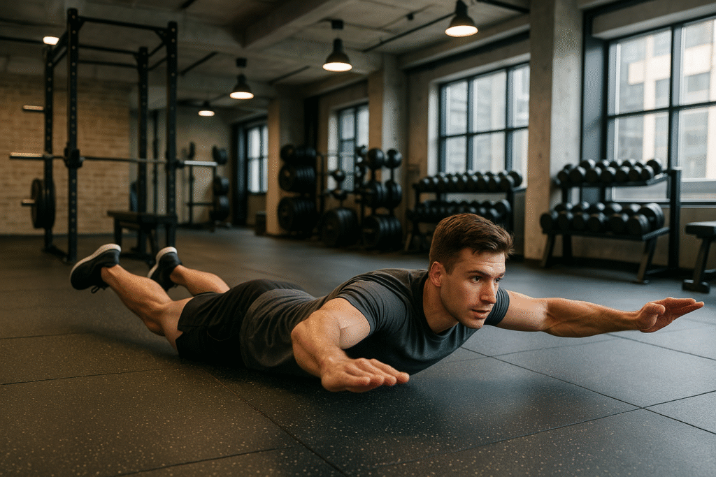 Une personne allongée sur le ventre effectuant l’exercice "Superman".