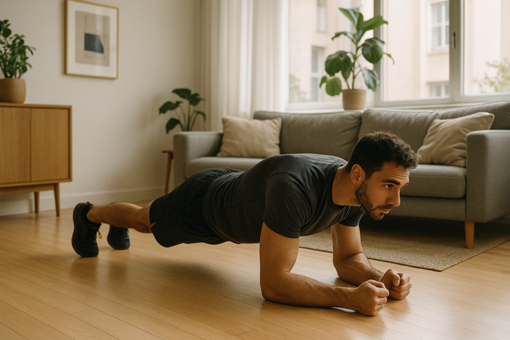 Un athlète en position de planche (plank)