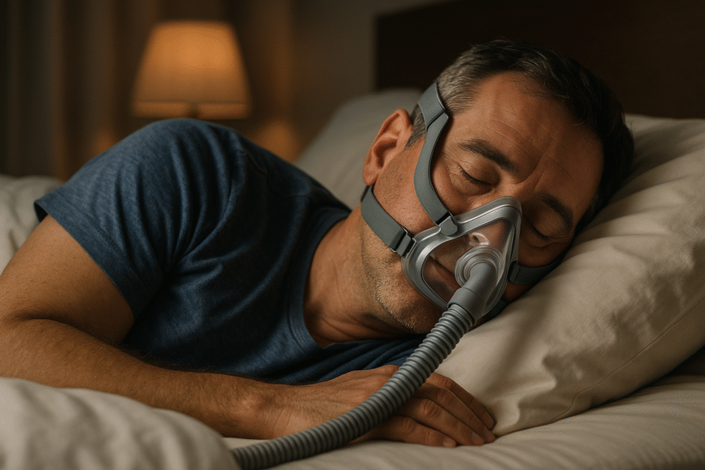 Homme dormant avec masque CPAP pour traiter l’apnée du sommeil. apnée du sommeil symptomes