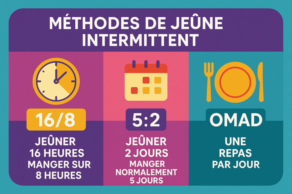 Infographie colorée montrant les différentes méthodes de jeune intermittent (16/8, 5:2, OMAD)