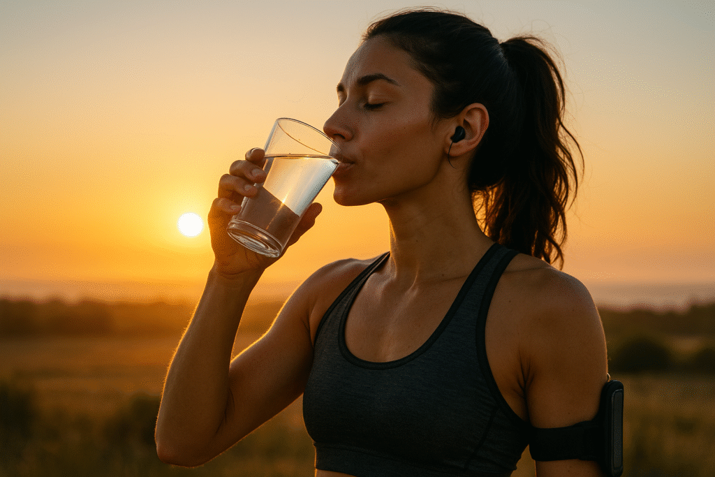 Une jeune femme sportive buvant un verre d’eau au lever du soleil, symbole de vitalité et de jeune intermittent.