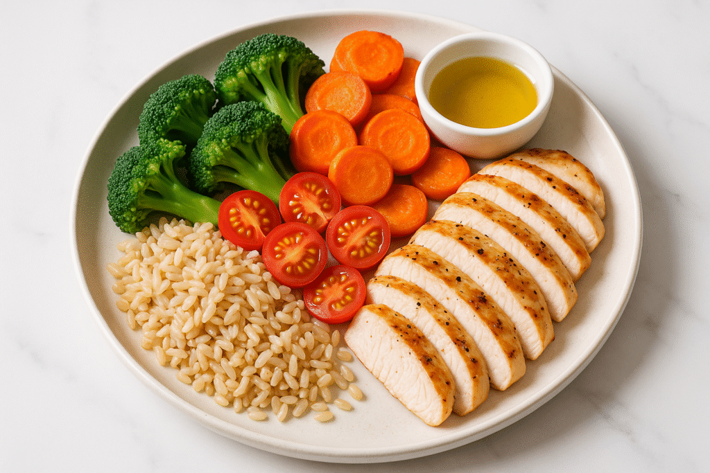 Assiette équilibrée avec légumes colorés, céréales complètes et protéines maigres