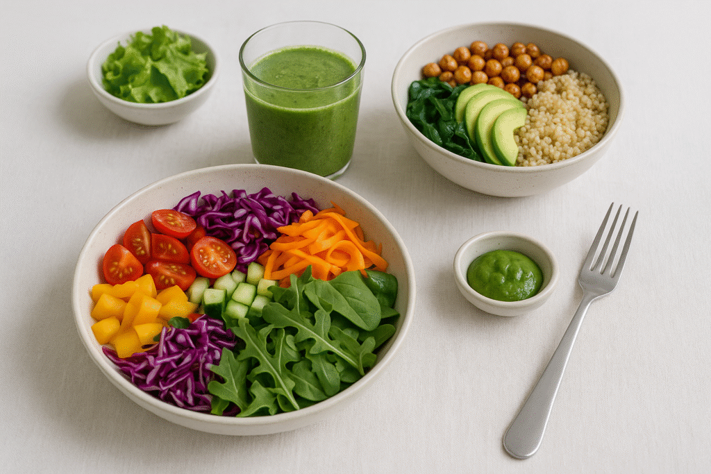 Table dressée avec plusieurs petits plats healthy : salade colorée, smoothie vert, quinoa bowl