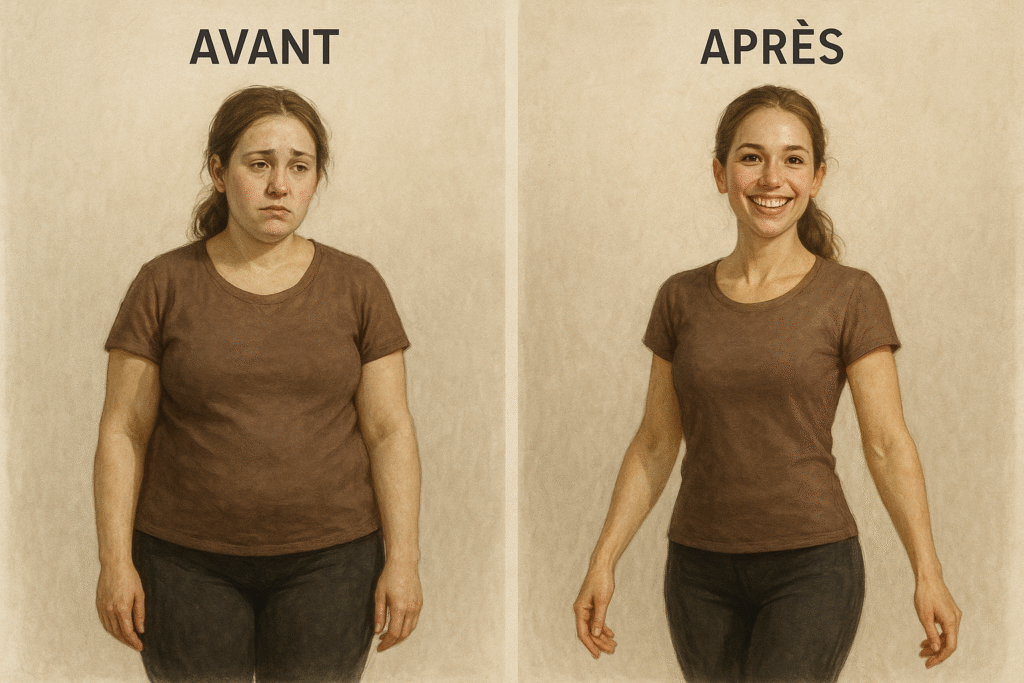Illustration réaliste d’un avant/après rééquilibrage alimentaire : silhouette plus énergique, teint éclatant, sourire rayonnant.