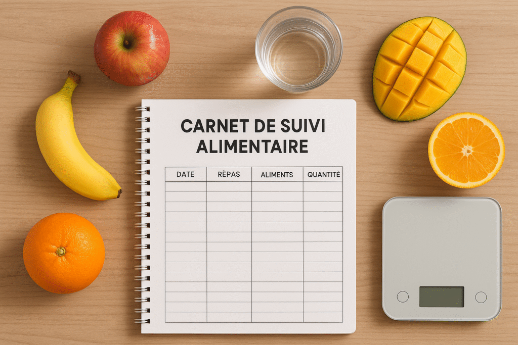 Carnet de suivi alimentaire posé sur une table avec fruits frais, verre d’eau et balance de cuisine. Rééquilibrage alimentaire