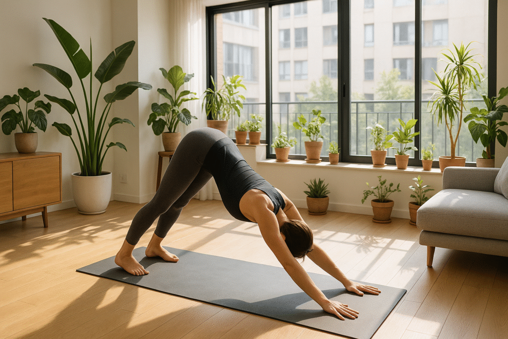Pratiquante de yoga effectuant la posture de yoga du chien tête en bas (Adho Mukha Svanasana) sur un tapis.