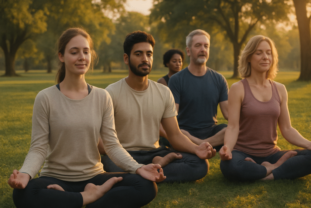 Cours de yoga en groupe en plein air dans un parc, des personnes pratiquant ensemble la posture de yoga du lotus (Padmasana).
