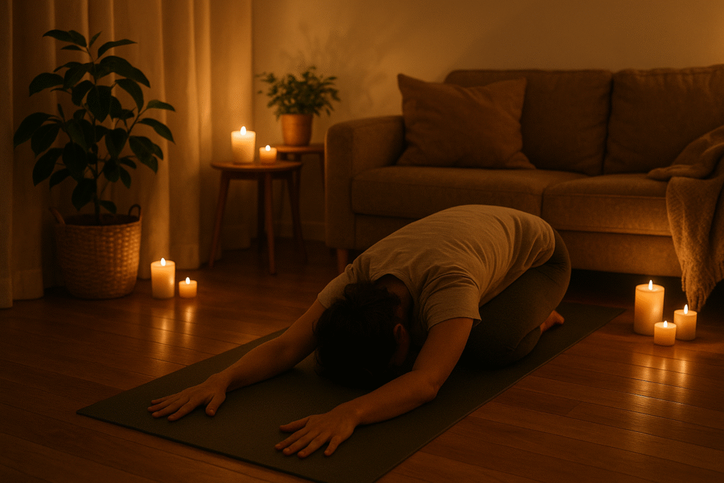 Espace de yoga confortable à la maison, avec des bougies et un éclairage tamisé, une personne en posture de l'enfant (Balasana) sur un tapis, ambiance chaleureuse et paisible.