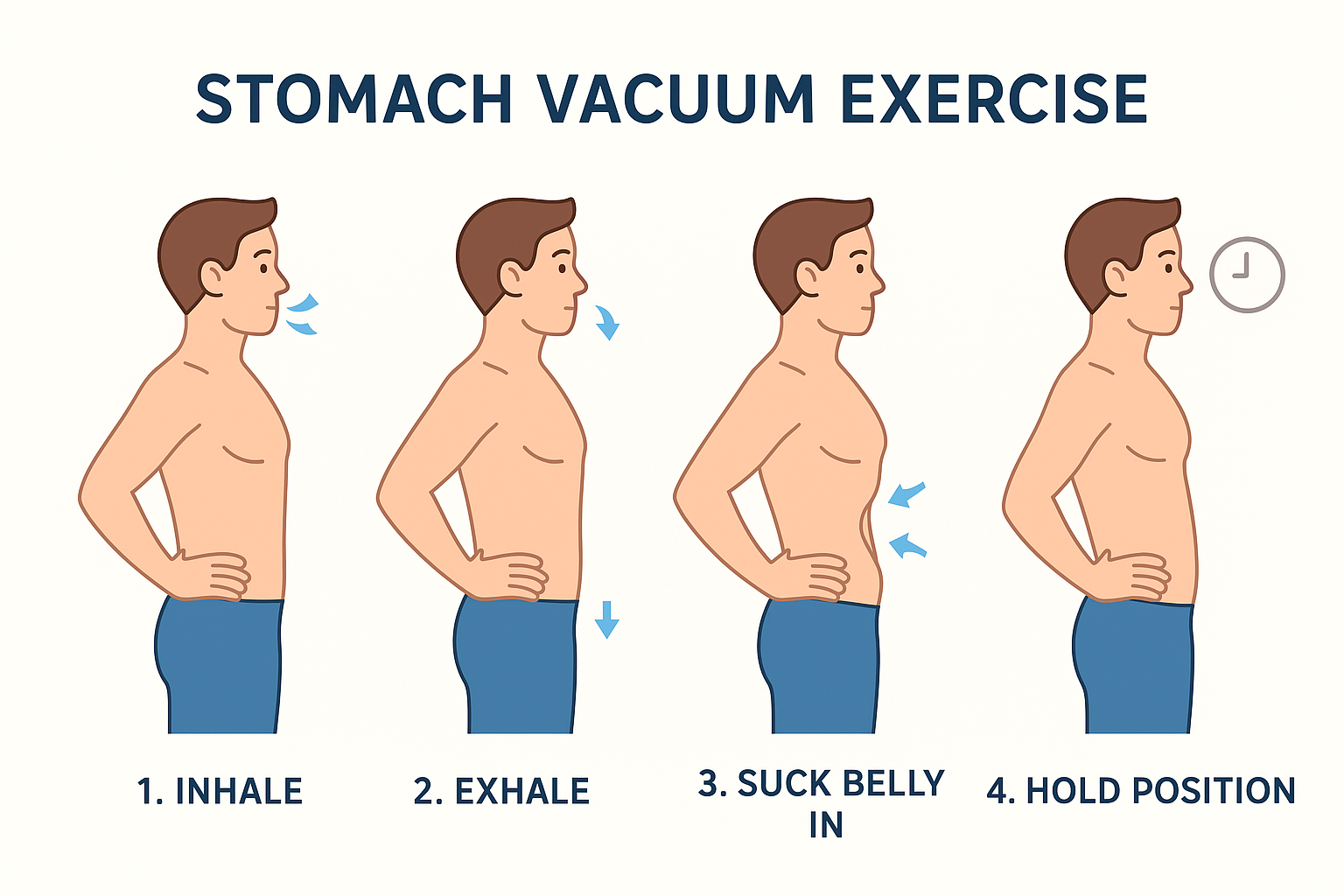 Tutoriel étape par étape de l'exercice stomach vacuum, 4 illustration montrant l'inspiration, l'expiration, le fait de rentrer le ventre et le maintien de la position.