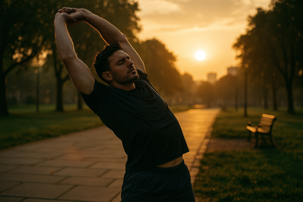Homme en tenue de sport réalisant un étirement du dos au lever du soleil. douleur bas du dos