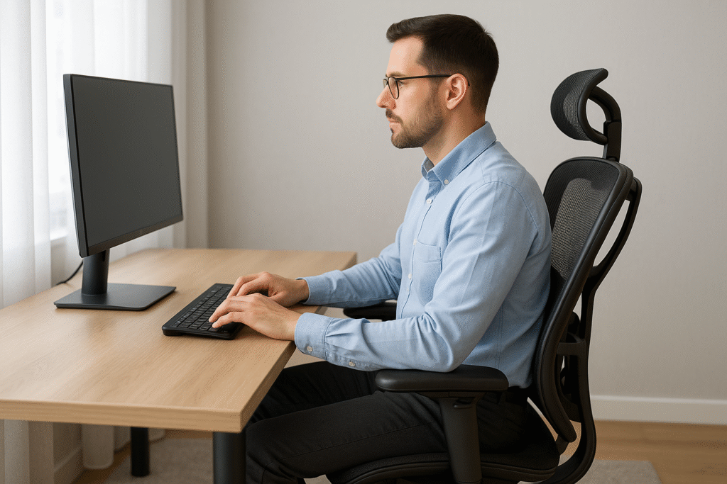 Travailleur de bureau utilisant une chaise ergonomique, posture correcte devant un ordinateur