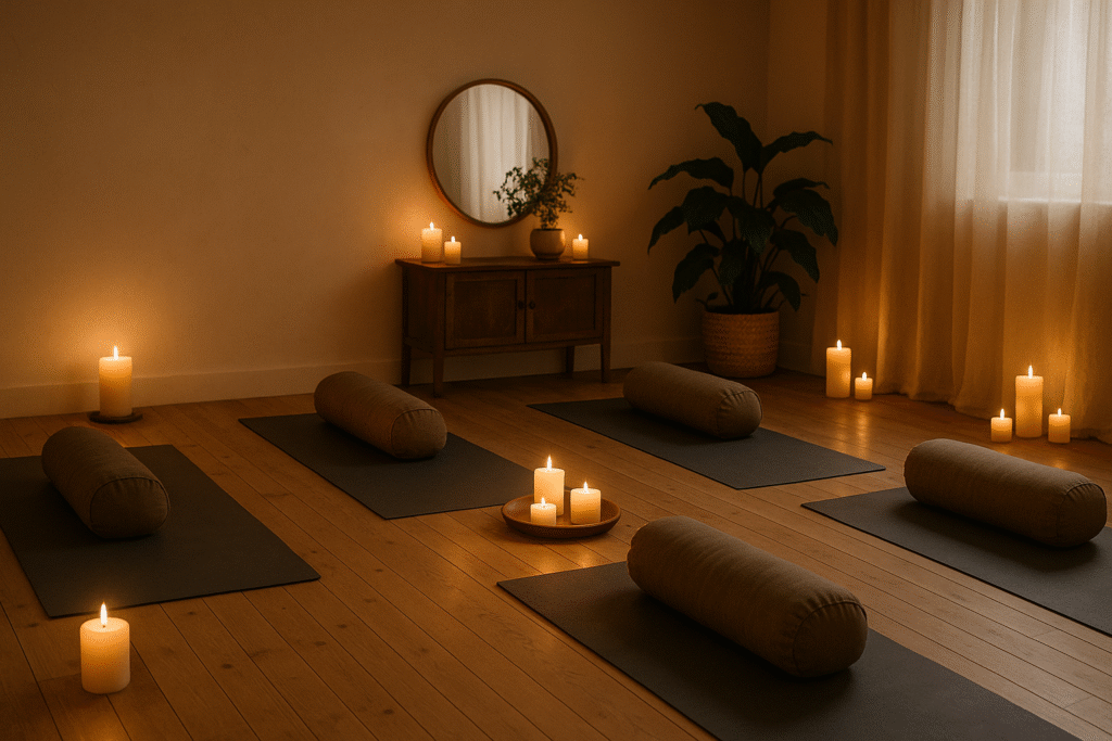 Un studio de yoga cosy avec tapis, traversins, bougies et lumière douce, atmosphère zen et relaxante