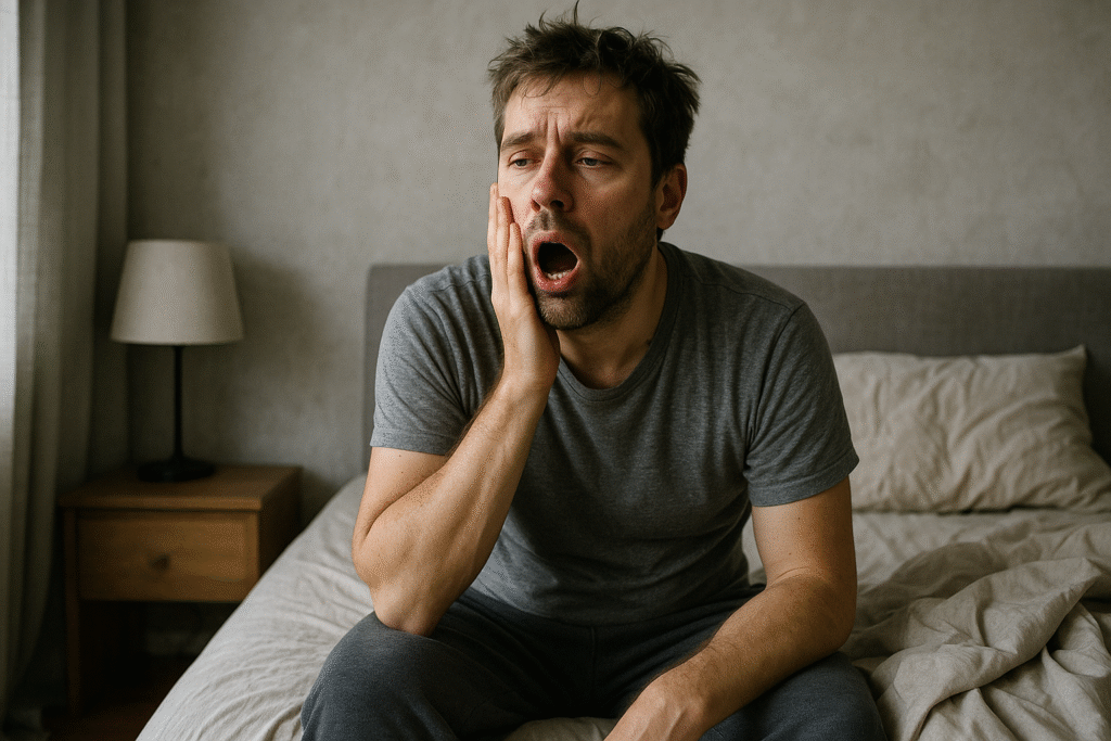 Adulte fatigué au réveil, assis sur son lit avec bouche sèche. Respirer par la bouche