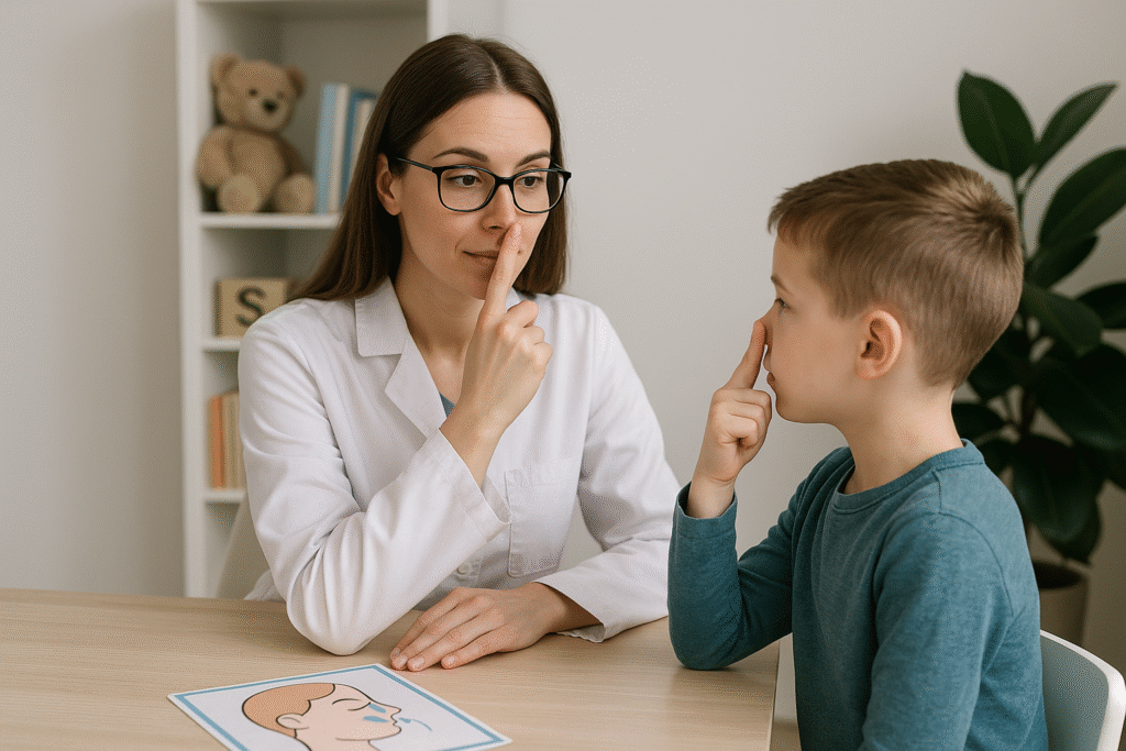 Orthophoniste en consultation avec un enfant, montrant des exercices pour apprendre à respirer par le nez