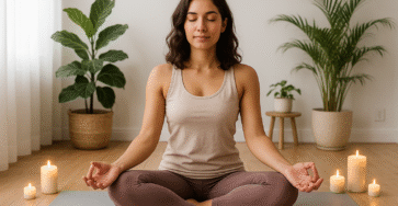 Femme en pleine séance de relaxation dans un espace calme, ambiance zen et lumière douce
