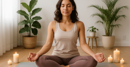 Femme en pleine séance de relaxation dans un espace calme, ambiance zen et lumière douce