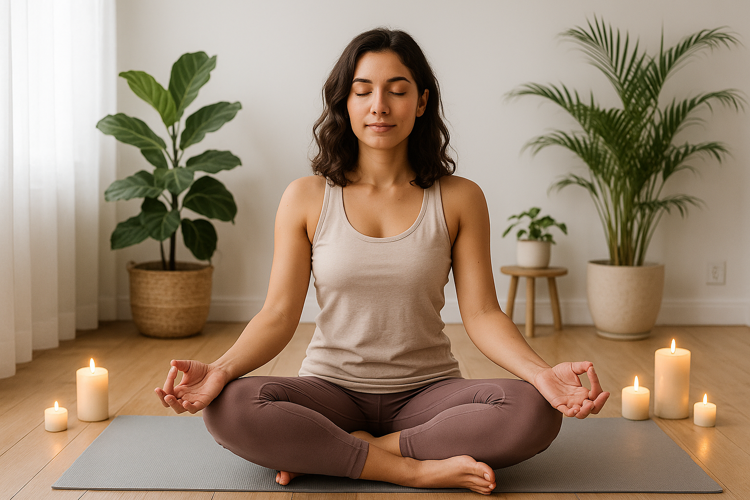 Femme en pleine séance de relaxation dans un espace calme, ambiance zen et lumière douce