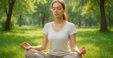jeune femme détendue assise en méditation dans un parc verdoyant au soleil, concept anti stress naturel