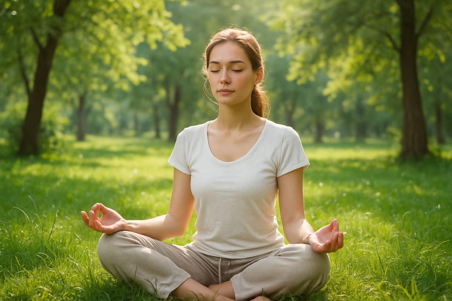 jeune femme détendue assise en méditation dans un parc verdoyant au soleil, concept anti stress naturel