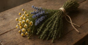 Bouquet de plantes médicinales séchées, avec camomille, lavande et thym sur une table en bois.
