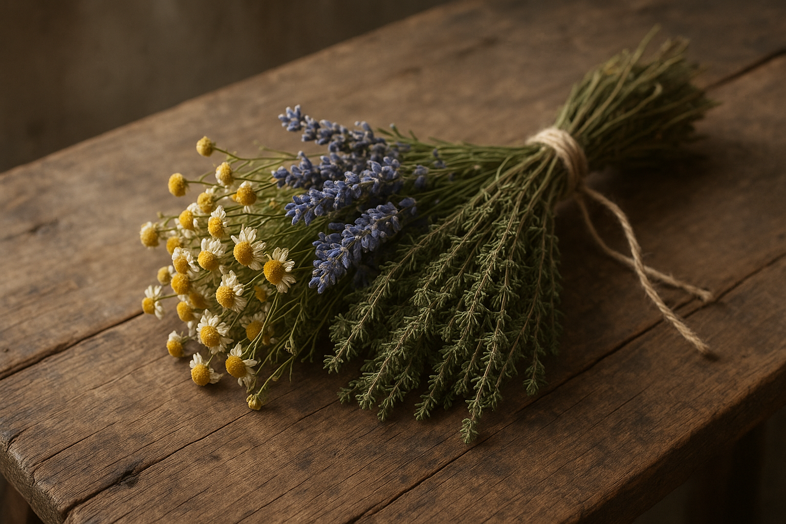 Bouquet de plantes médicinales séchées, avec camomille, lavande et thym sur une table en bois.