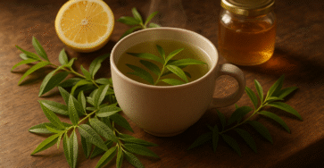Infusion de verveine avec rondelles de citron et feuilles fraîches sur une table en bois