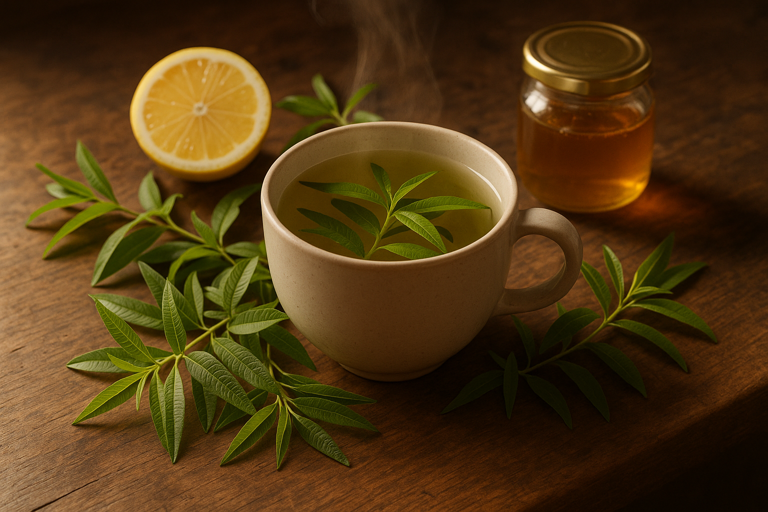 Infusion de verveine avec rondelles de citron et feuilles fraîches sur une table en bois