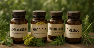 Flacons de compléments alimentaires naturels posés sur une table en bois avec plantes médicinales
