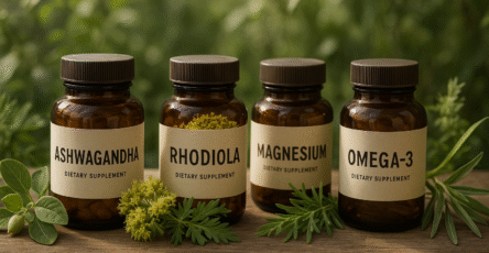 Flacons de compléments alimentaires naturels posés sur une table en bois avec plantes médicinales