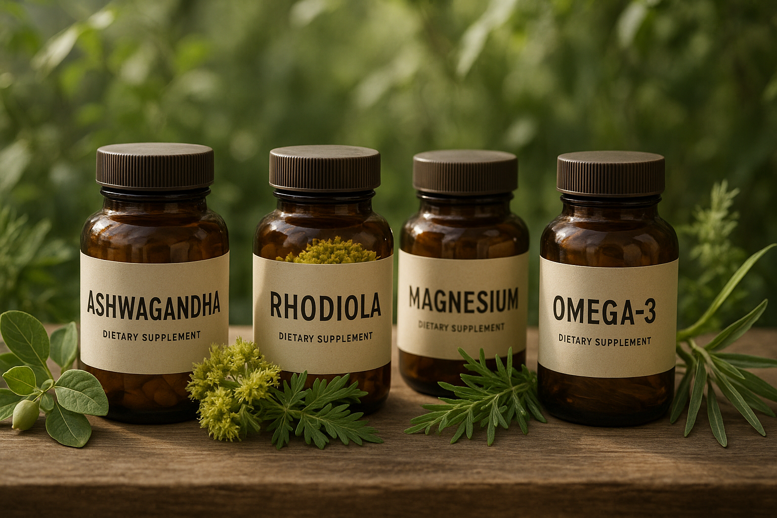 Flacons de compléments alimentaires naturels posés sur une table en bois avec plantes médicinales