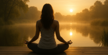 Femme assise en méditation face au soleil levant, entourée de nature apaisante. Meditation du matin.