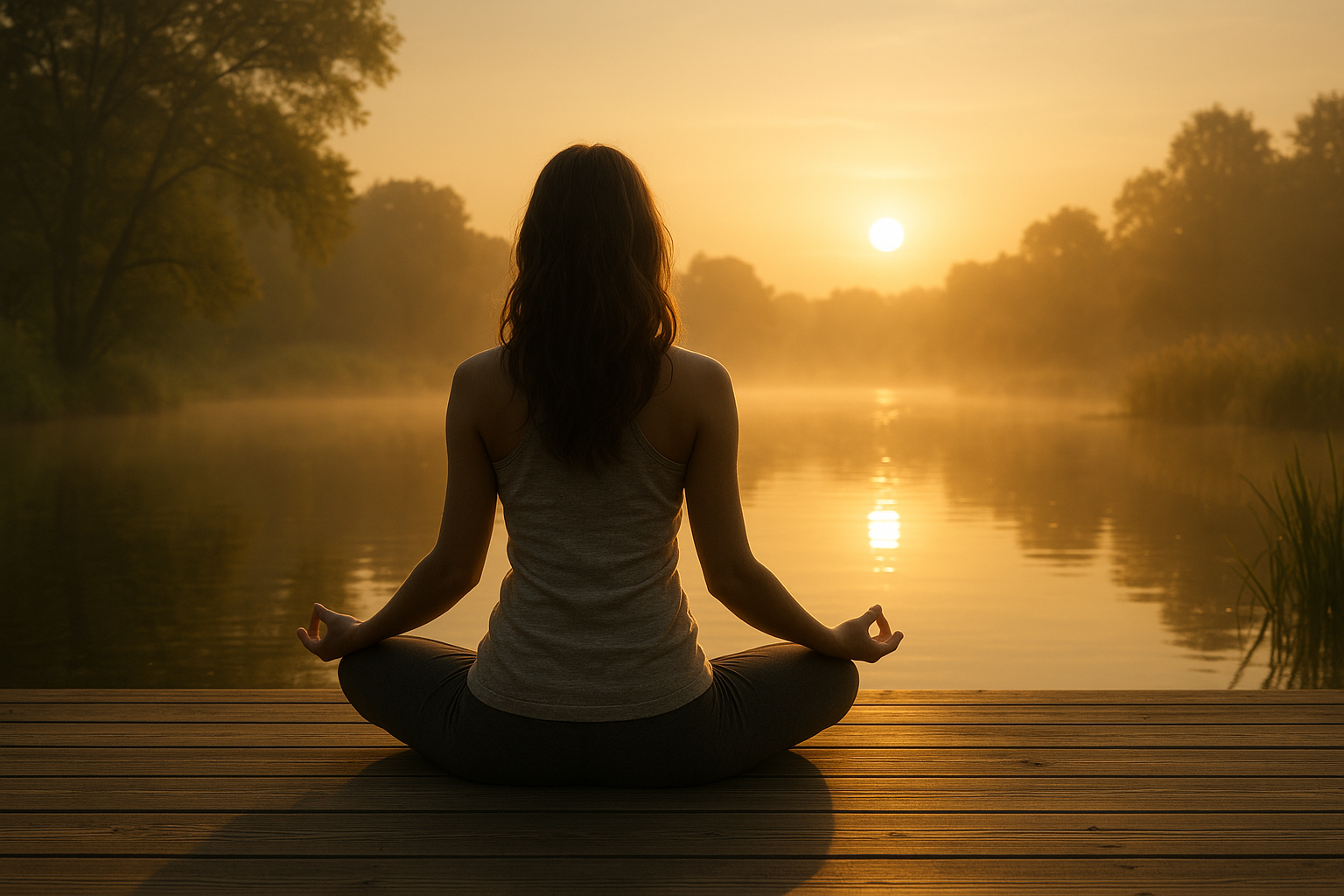 Femme assise en méditation face au soleil levant, entourée de nature apaisante. Meditation du matin.