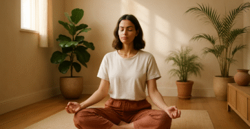 Femme assise en méditation guidée dans un environnement calme et lumineux