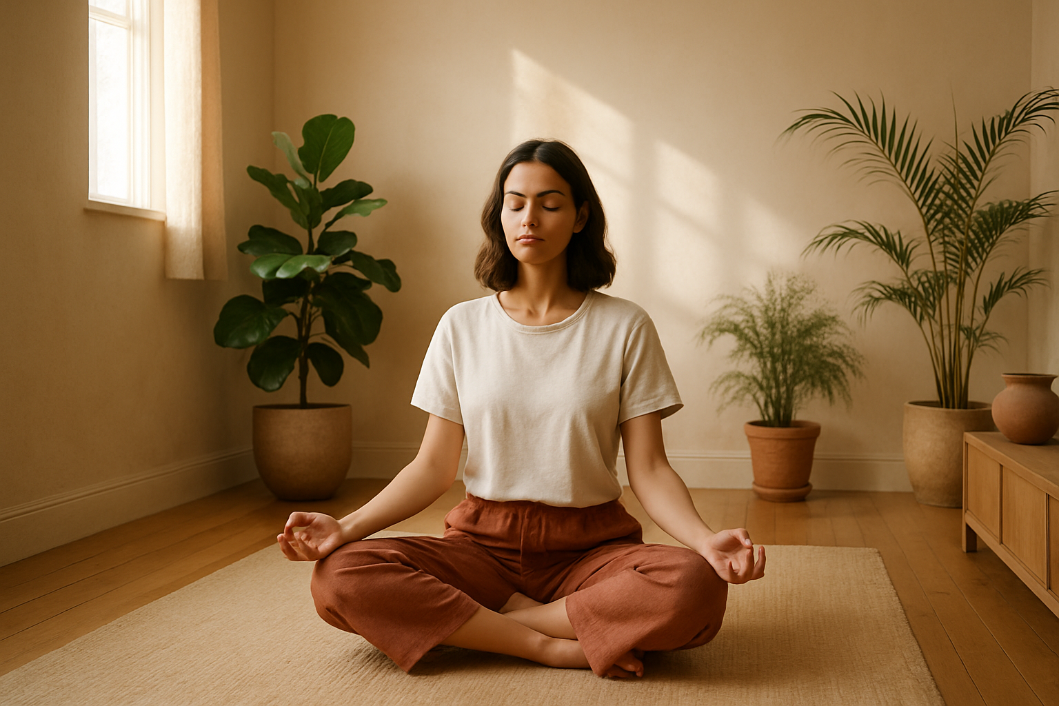 Femme assise en méditation guidée dans un environnement calme et lumineux