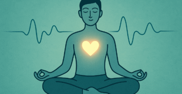 Personne en méditation respirant profondément en cohérence cardiaque avec un cœur lumineux et une vague rythmée.
