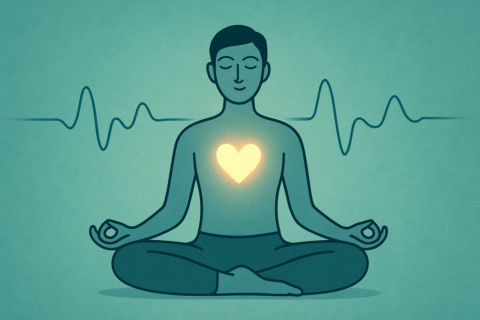 Personne en méditation respirant profondément en cohérence cardiaque avec un cœur lumineux et une vague rythmée.